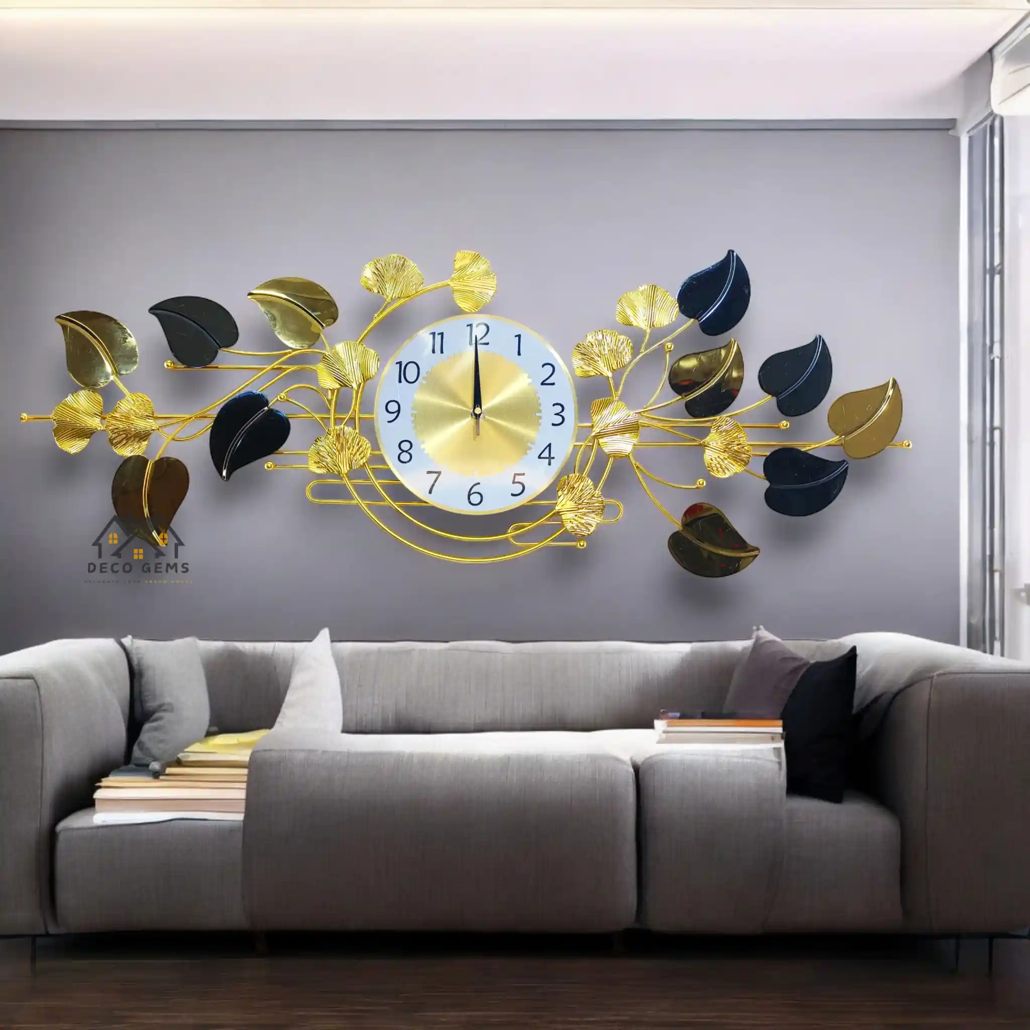 Metal Glossy & Golden Leaf Decorative Wall Décor Clock- 17683