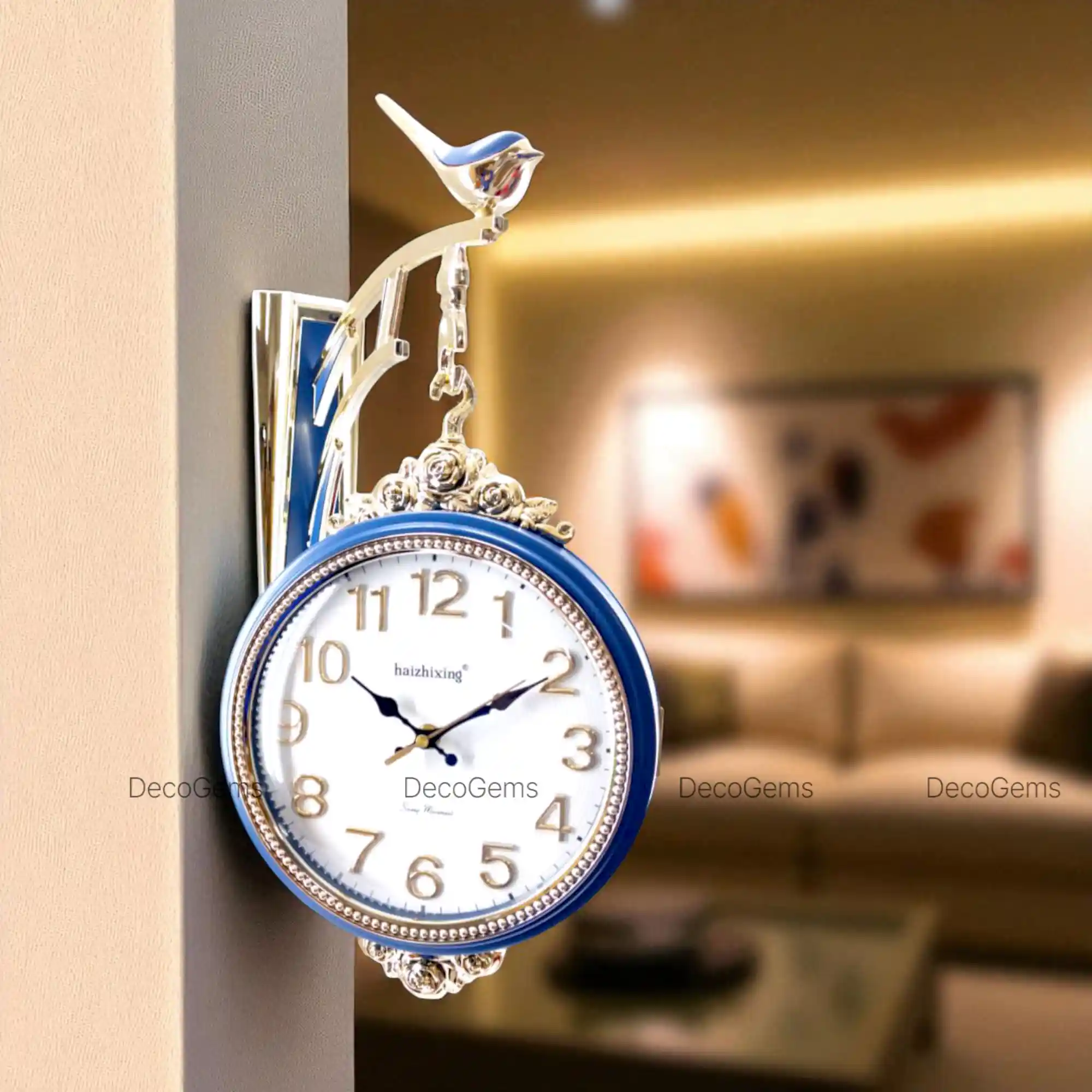 Minimal Designed Both Side Clock with Sparrow (Blue)- 17492