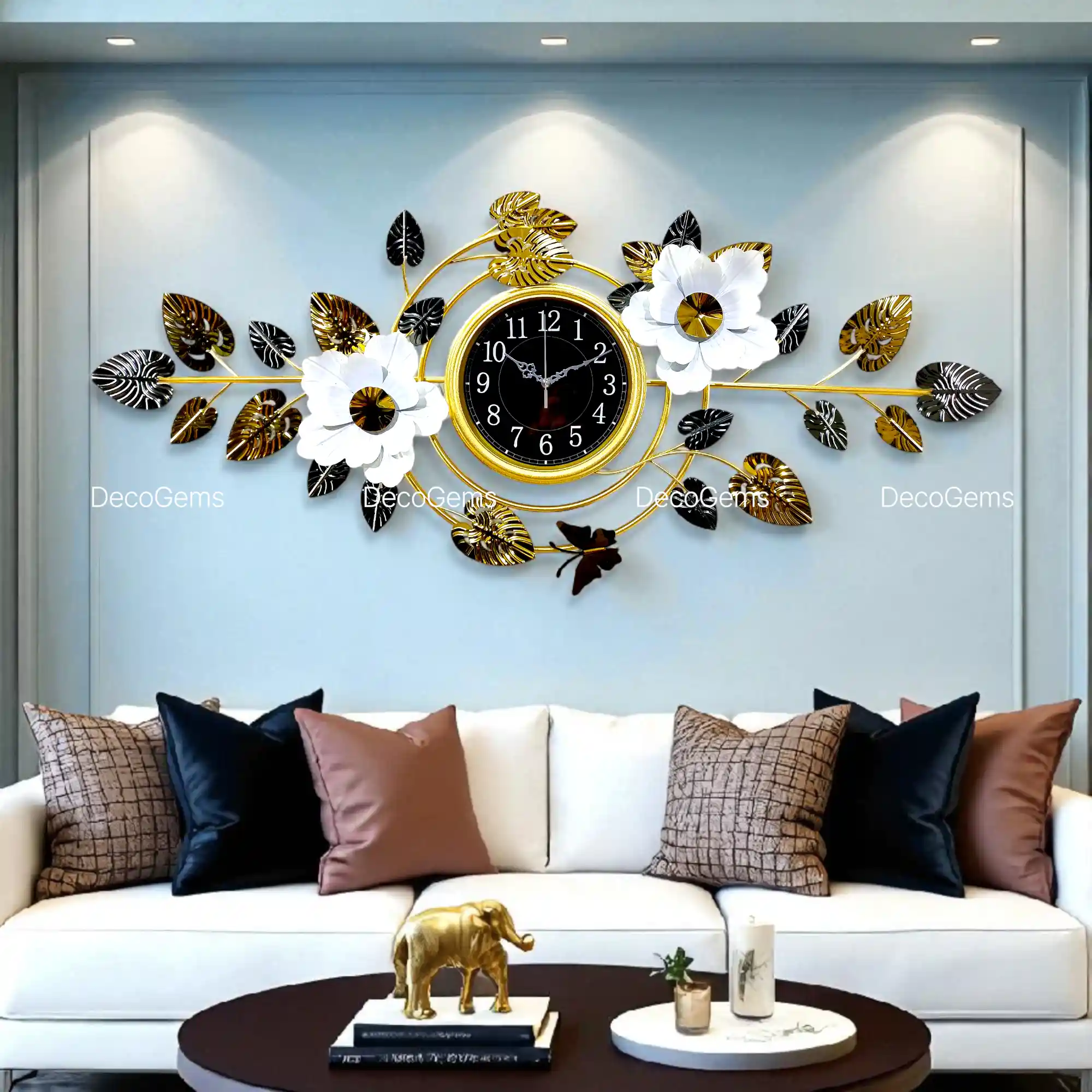 Metal Floral & Leaf Decorative Wall Decor Clock - 17871